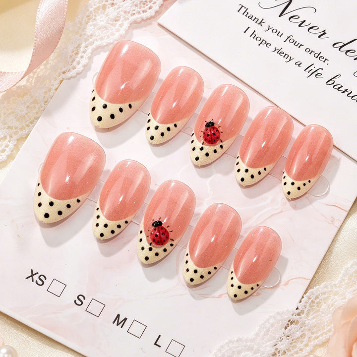 Artistic Press-On Nail Set with Ladybug and Polka Dot Design Stornfield