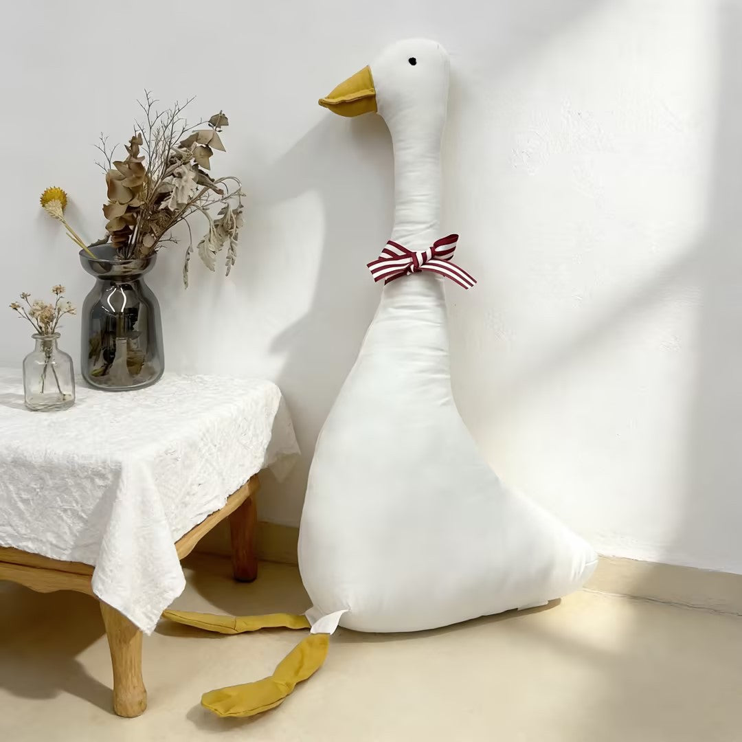 Oversized Linen-Style Goose Plush Pillow with Long Neck and Decorative Bow