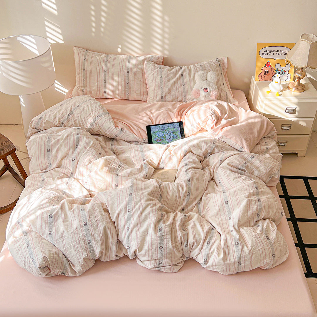 Striped Vintage Floral Cotton Percale Duvet Cover Set