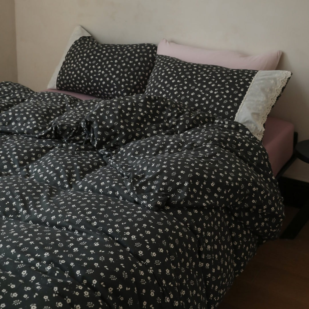 Floral Microcotton Duvet Cover Set with Lace-Trim Pillow Shams