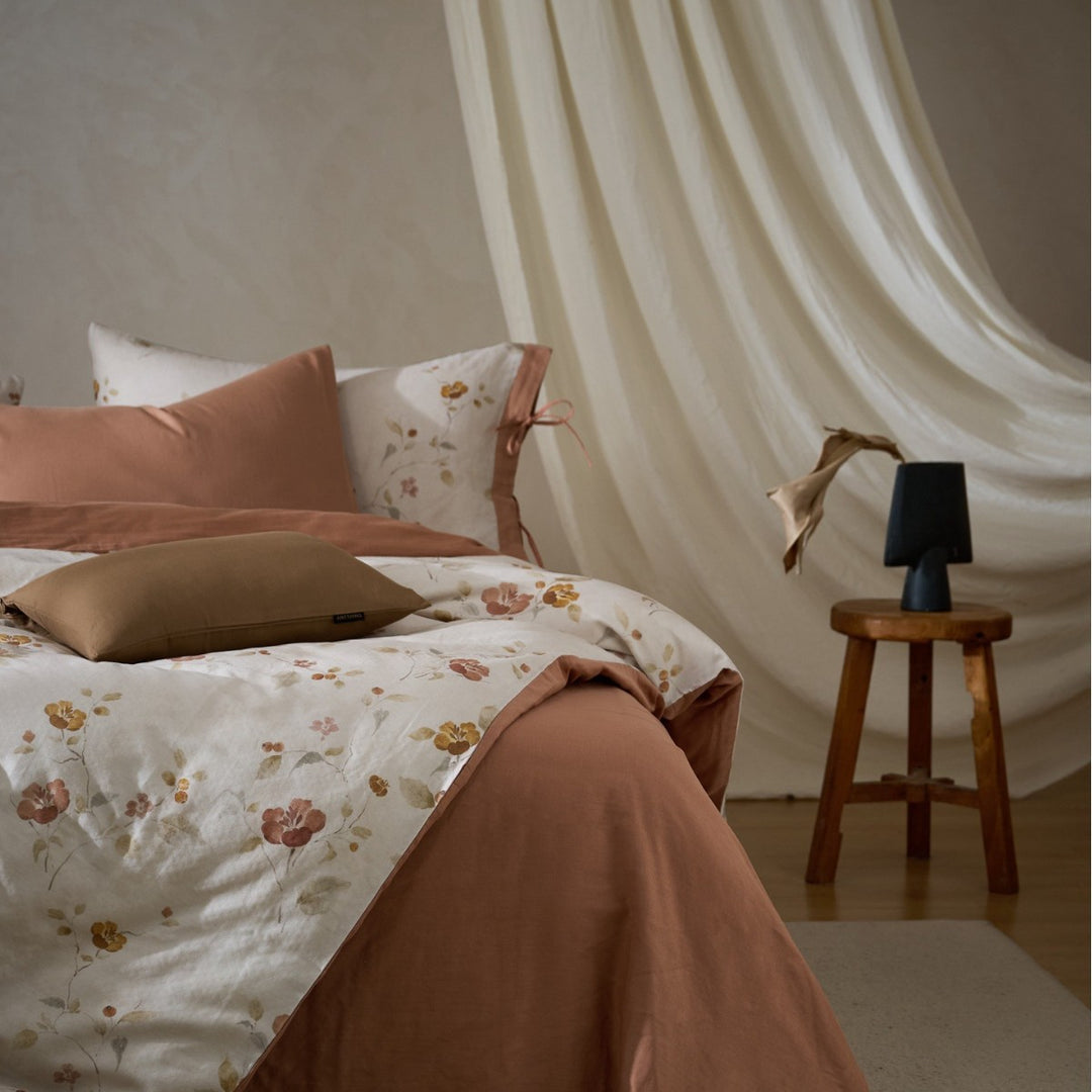 Floral Cotton Sateen Reversible Duvet Cover Set with Solid-Back Oxford Shams