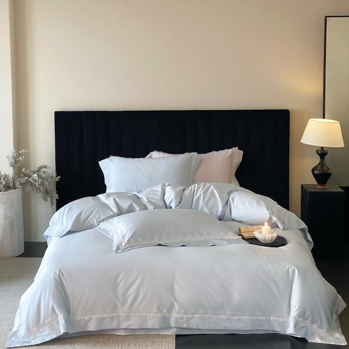 Satin Lace-Trim Duvet Cover Set with Eyelash Fringed Pillow Shams