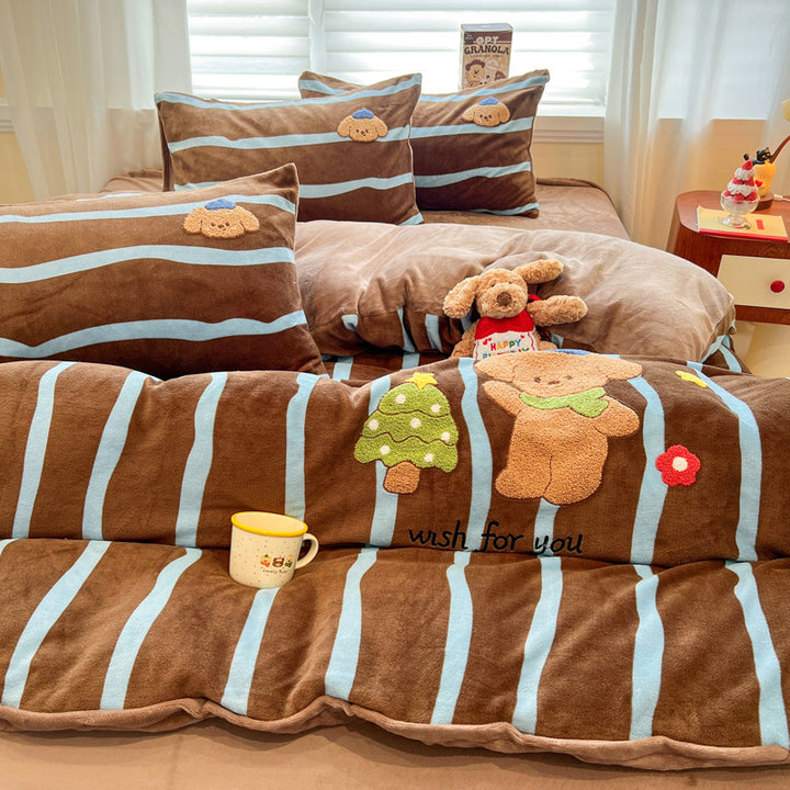 Plush Embroidered Cat Stripe Comforter Bedding Set