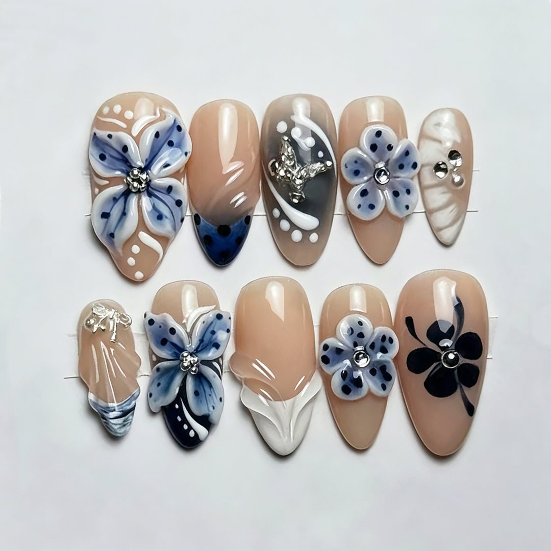 Artistic Floral Press-On Nail Art Set with Gem Accents Stornfield
