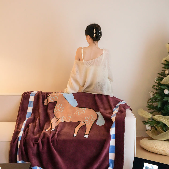 Plush Microfleece Throw Blanket with Carousel Horse Print and Whipstitch Edge