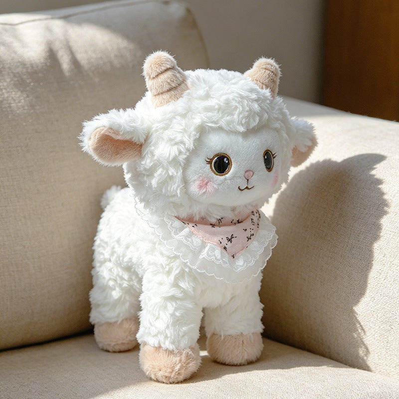 Curled-Horn Ram Plush Collectible with Embroidered Face, Bow Collar & Soft Faux Fur Stornfield