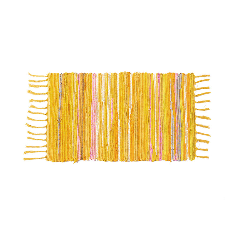 Handwoven cotton runner with colorful stripes and fringes Stornfield