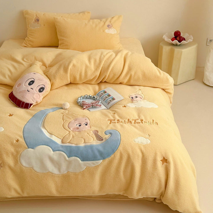 Plush Embroidered Fleece Duvet Cover Set with Moon Baby Appliqué