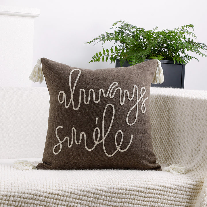 Square Linen-Blend Rope Embroidered Tassel Accent Pillow Cover