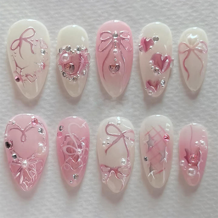 Decorative Press-On Nail Art Set with Elegant Floral and Gem Accents Stornfield