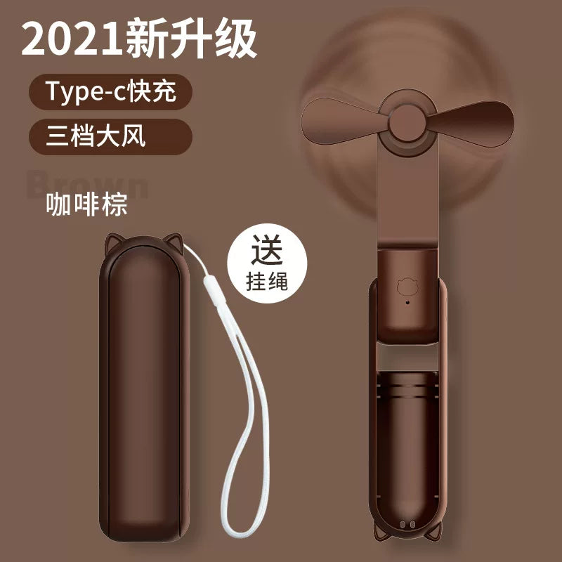 Unisex one size foldable rechargeable triple handheld mini fan with integrated power bank USB-C and USB-A connections as well as wrist strap Stornfield