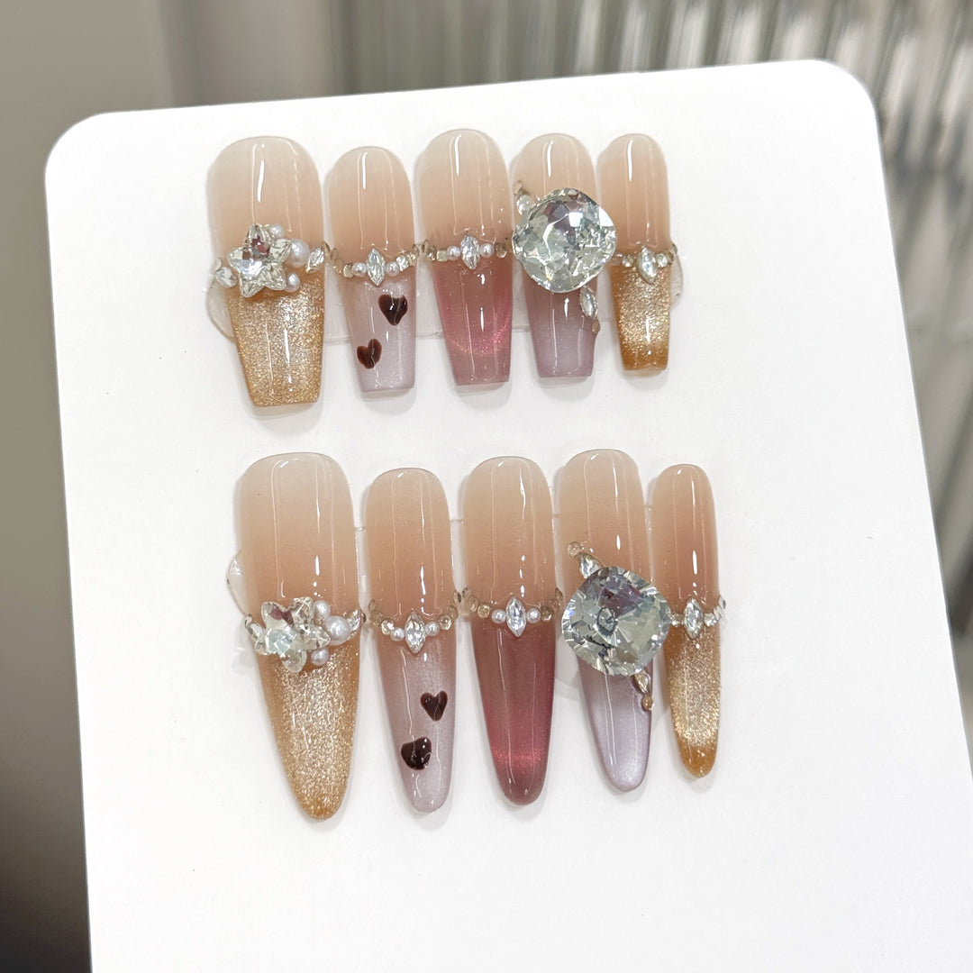 Glamorous Press-On Nail Set with Sparkling Gem Accents