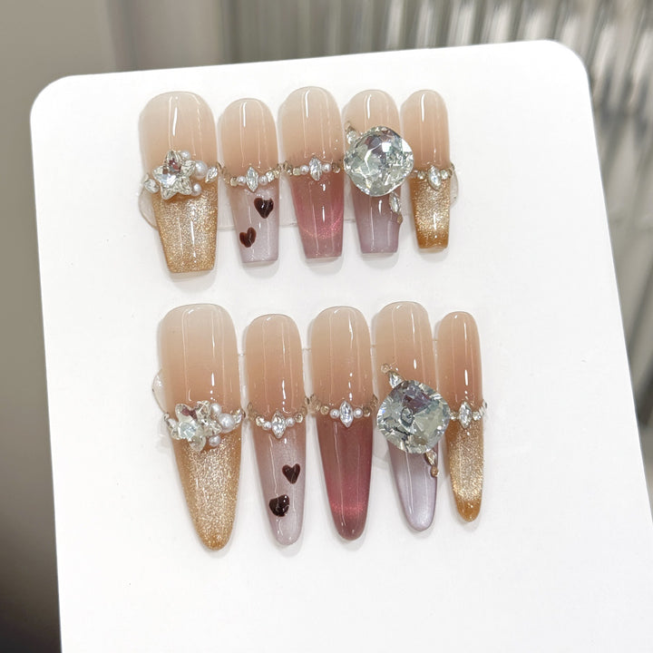 Glamorous Press-On Nail Set with Sparkling Gem Accents