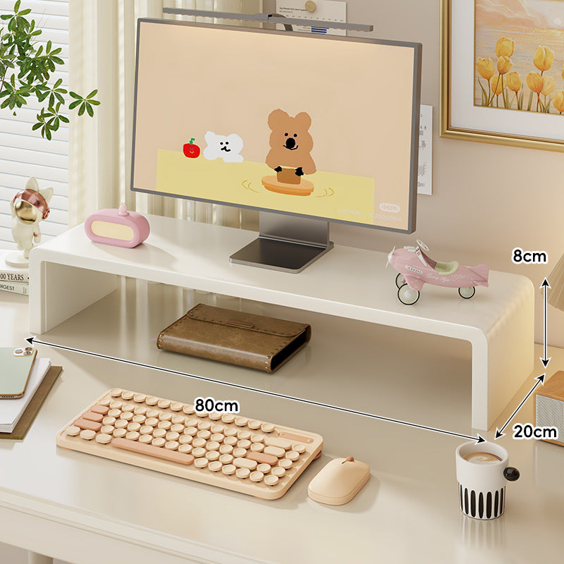 Wide Solid Wood Curved Desktop Monitor Stand Riser with Under-Shelf Storage