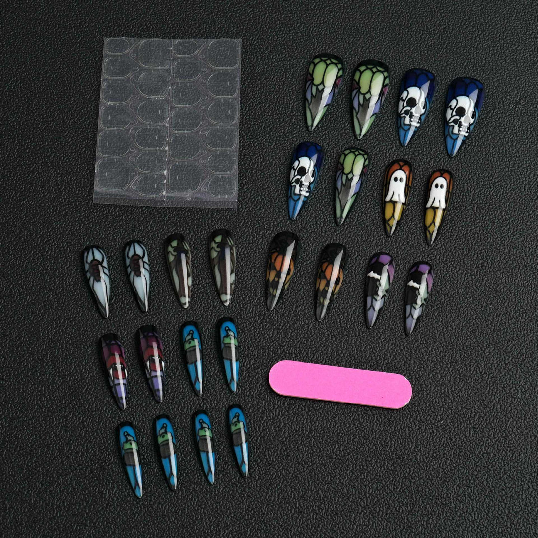 Artistic Halloween-Themed Stiletto Press-On Nails Stornfield