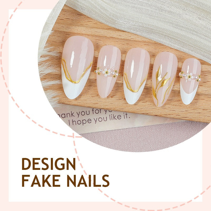 Artificial Nail Set with Gold Accents and Flower Designs Stornfield
