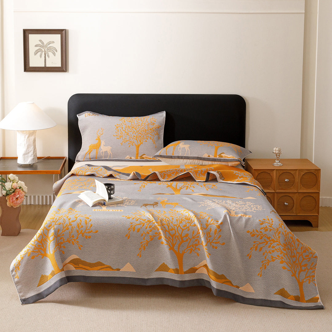 Jacquard Woven Bedspread and Pillowcase Ensemble with Scenic Tree and Deer Motif