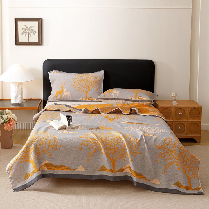 Jacquard Woven Bedspread and Pillowcase Ensemble with Scenic Tree and Deer Motif