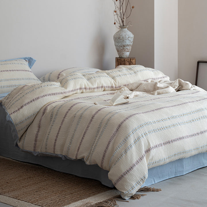 Textured Quilted Duvet Cover Set with Striped Woven Panel and Envelope Shams