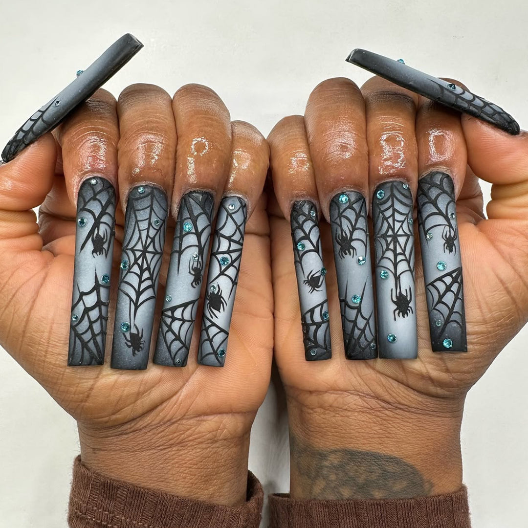 Halloween-Themed Stiletto Press-On Nails with Spider Web Design Stornfield