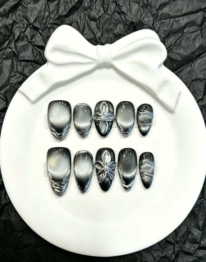 Premium Metallic Floral Press-On Nail Art Set