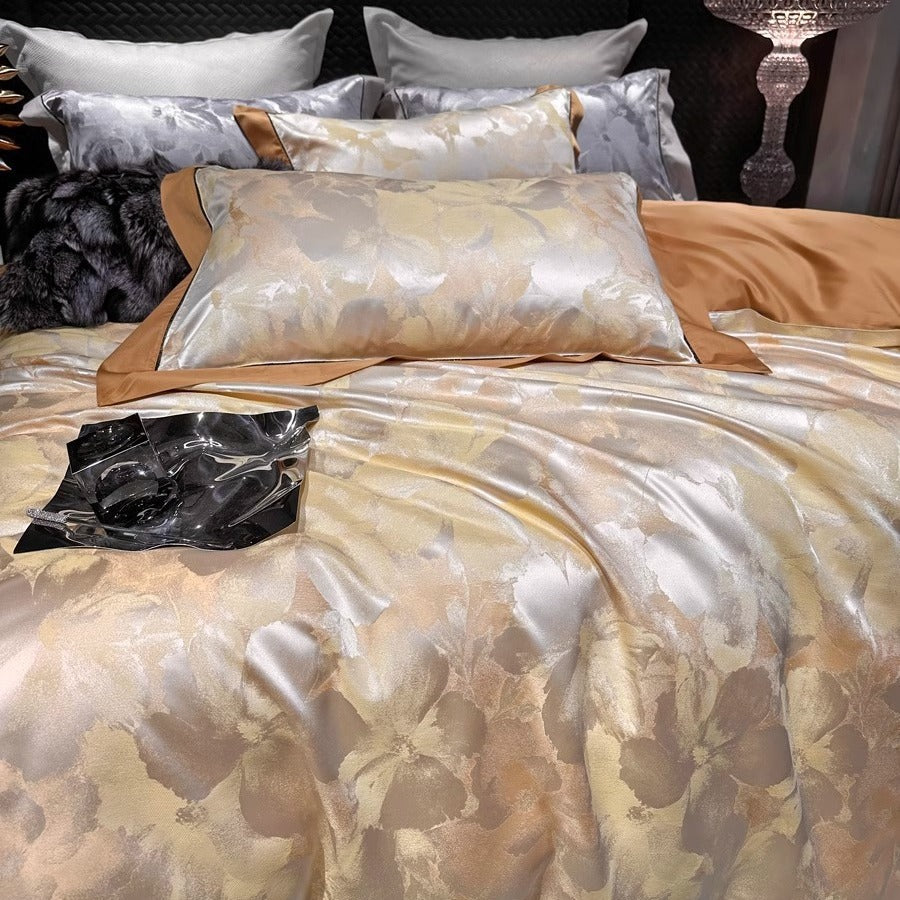 Decorative Brushstroke Satin Duvet Cover Ensemble with Hidden-Zip Closure