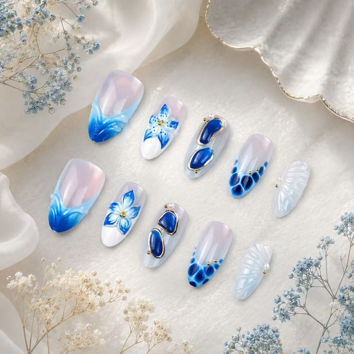 Artistic Press-On Nail Tips Set with Floral and Geometric Patterns Stornfield