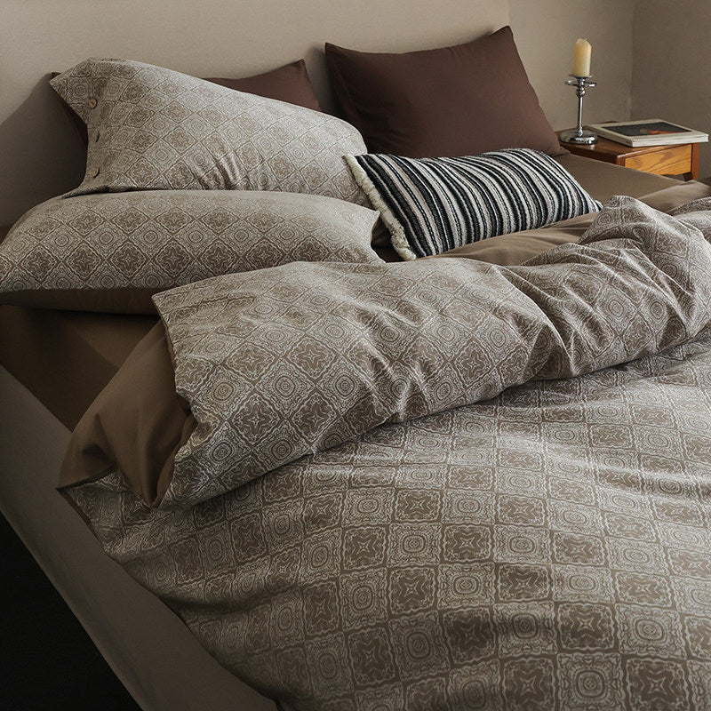 Reversible Geo-Pattern Cotton-Linen Duvet Cover Set with Hidden Closure and Pillow Shams