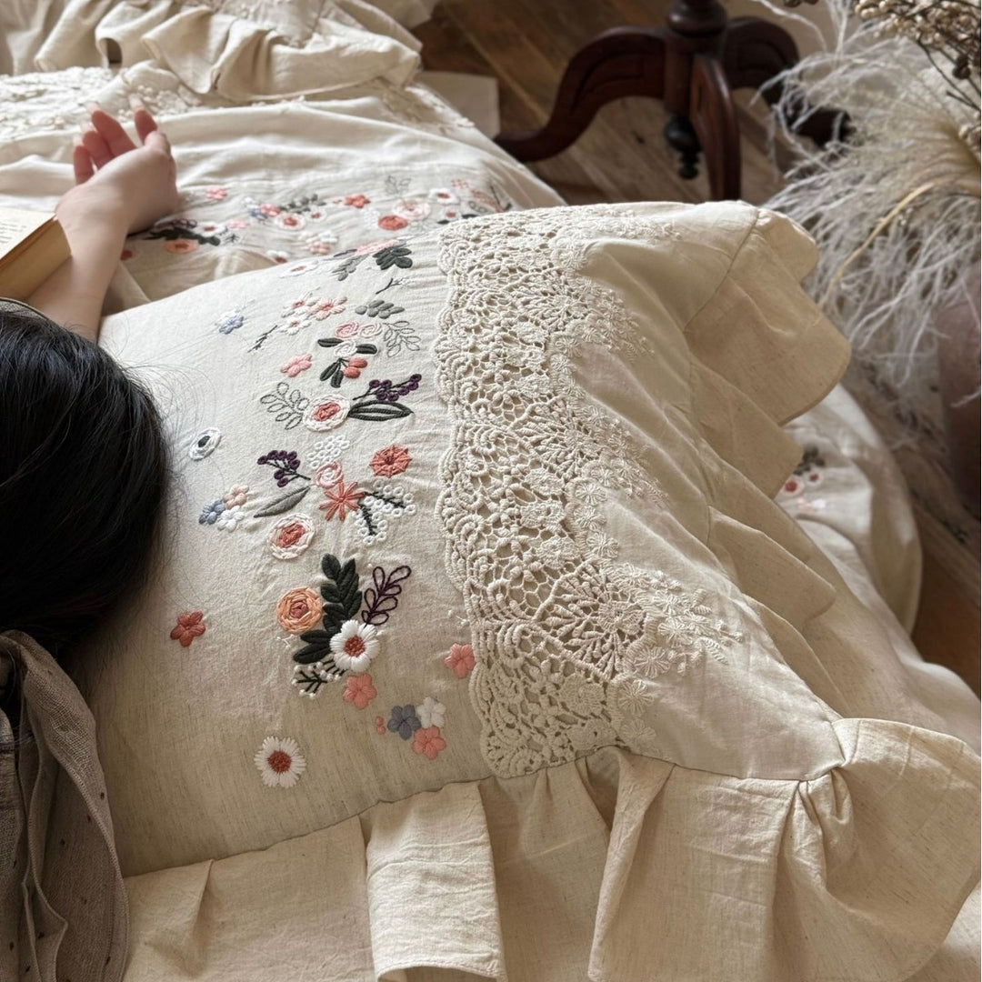Embroidered Linen Ruffled Duvet Cover Set with Lace-Trim Pillow Shams