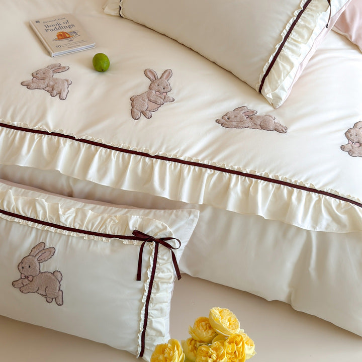 Ruffled Appliqué Bunny Cotton Duvet Cover Set with Satin Tie Pillow Shams