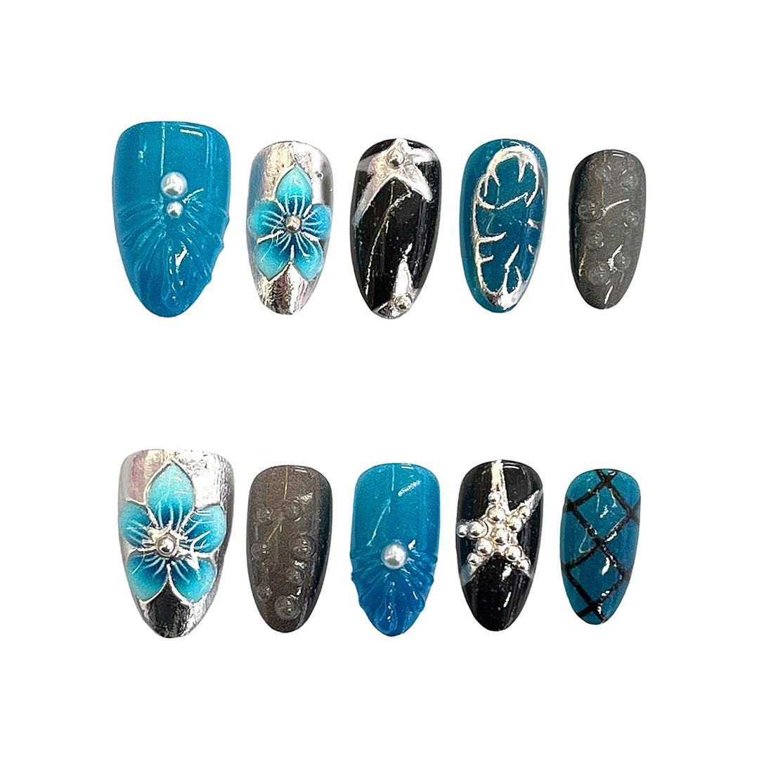 Artistic Press-On Nail Set with Floral Motifs Stornfield