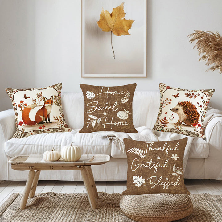 Rustic Farmhouse Square Cotton-Linen Decorative Pillow Cover with 'Home Sweet Home' Fall Pumpkin & Leaf Print