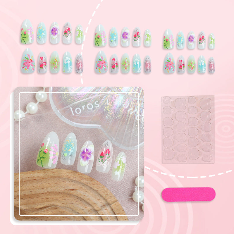 Artistic Press-On Nail Art Set with Floral Embellishments