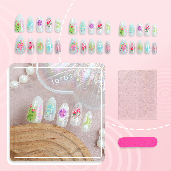 Artistic Press-On Nail Art Set with Floral Embellishments