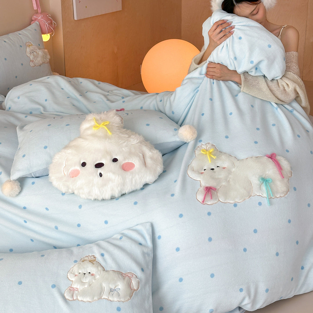 Plush Embroidered Dog Duvet Cover Bedding Set with Pom-Pom Pillowcases