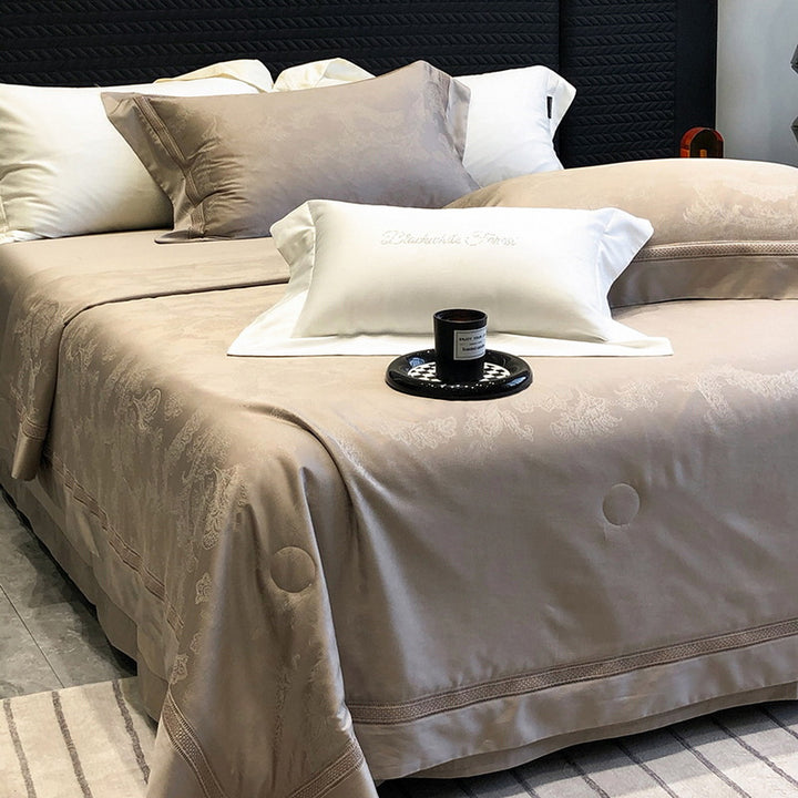 Premium bedding set made of cotton satin with subtle circle stitching and hotel closure