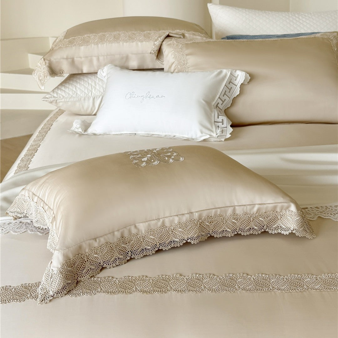 Silky Embroidered Floral Sateen Duvet Cover Set with Lace-Trim Shams
