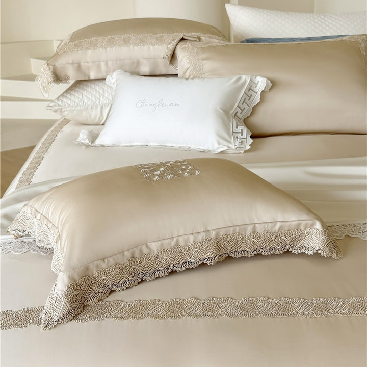 Silky Embroidered Floral Sateen Duvet Cover Set with Lace-Trim Shams