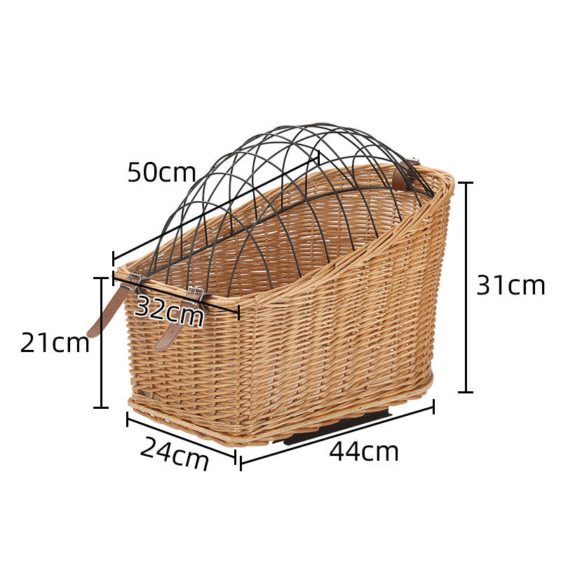 front-mount wicker bicycle pet carrier basket with foldable metal safety dome and adjustable leather buckle straps Stornfield
