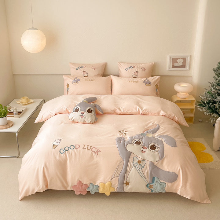Embroidered Cartoon Rabbit Cotton Sateen Duvet Cover Set with Plush Accent Pillow