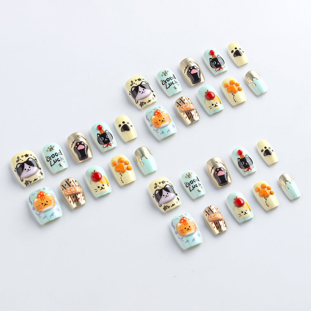 Whimsical Cat-Themed Press-On Nail Art Stornfield