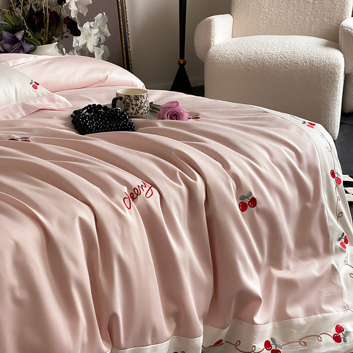 Embroidered Cherry Cotton Sateen Duvet Cover Set with Decorative Border and Pillow Shams