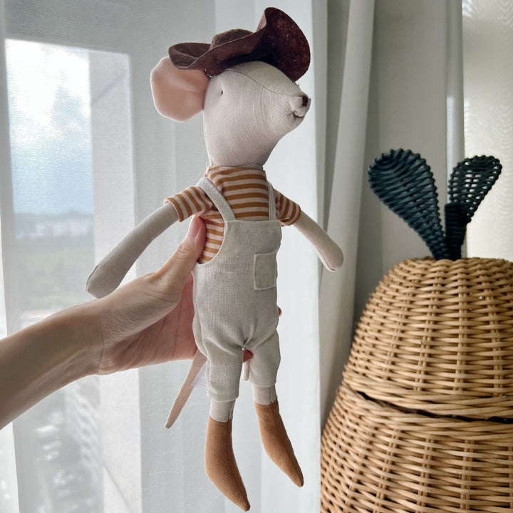 Handcrafted Long-Legged Linen Mouse Plush Doll with Striped Romper