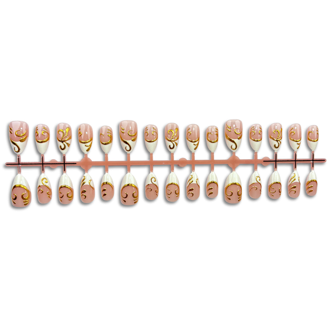 Decorative Press-On Nail Set with Elegant Gold Accents