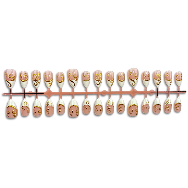 Decorative Press-On Nail Set with Elegant Gold Accents