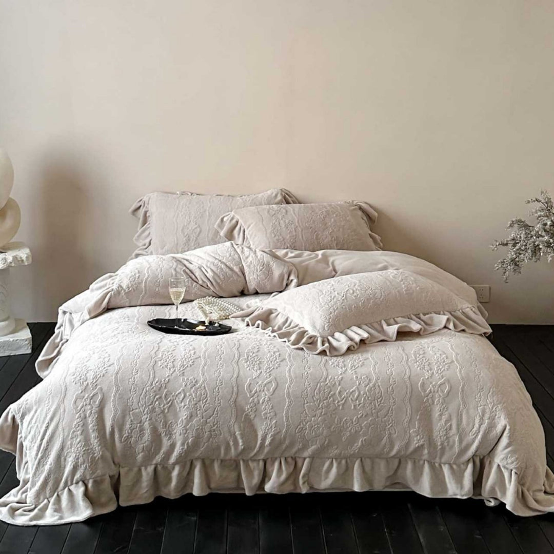 Embossed Jacquard Ruffled Edge Duvet Cover & Sham Set