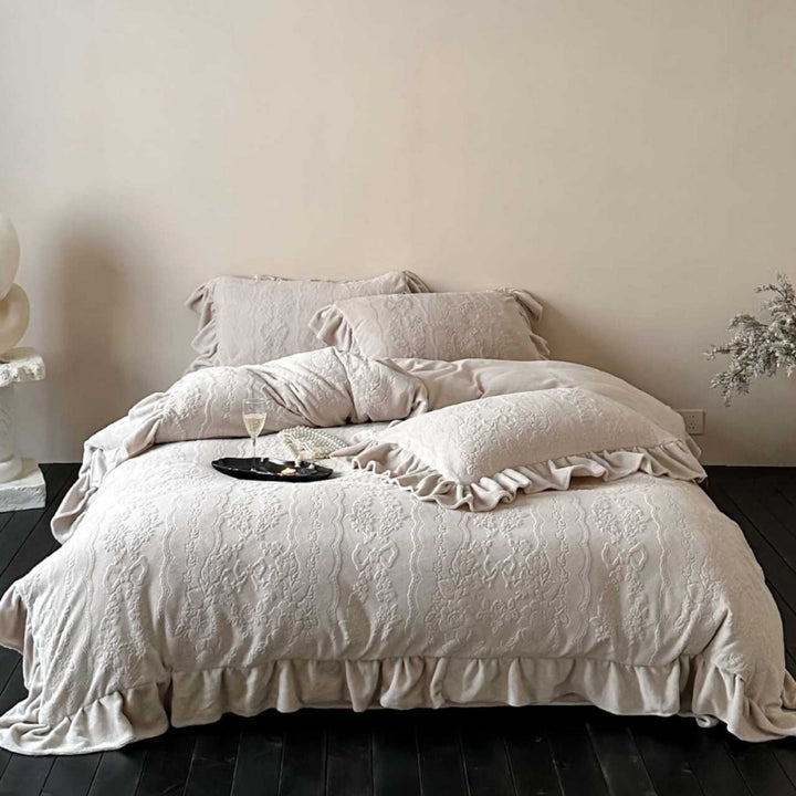 Embossed Jacquard Ruffled Edge Duvet Cover & Sham Set