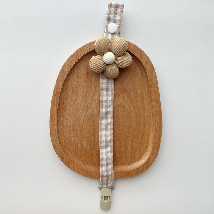 Gingham Cotton Pacifier Lanyard with Padded Ribbed Flower and Quick-Release Clip