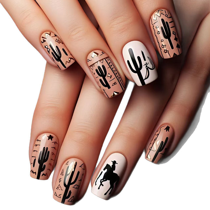 Artificial nail design with geometric desert motif Stornfield