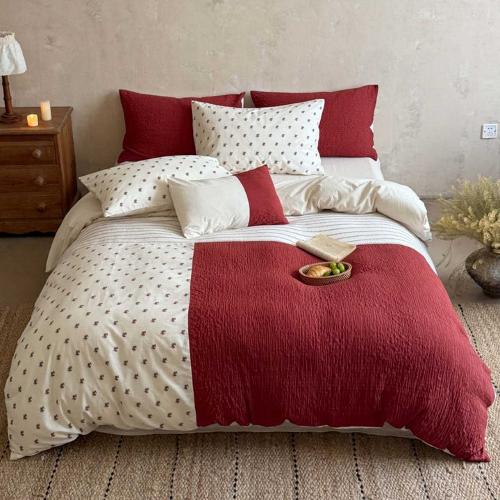 Reversible Cotton-Linen Patchwork Duvet Cover Set with Mini Floral Print and Textured Quilting